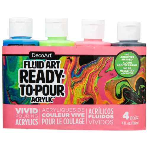 Colorful set of four 4oz acrylic paints for fluid art, featuring vibrant, ready-to-pour neon shades for creative pouring projects.