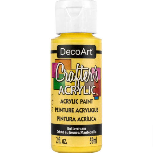 DecoArt Buttercream Yellow acrylic paint bottle, 59ml, ideal for smooth application and full coverage in arts and crafts.