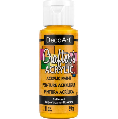 A bottle of Decoart Crafter's Acrylic Paint in vibrant GOLDENROD, ideal for smooth application and blending on various surfaces.