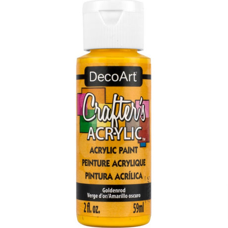 A bottle of Decoart Crafter's Acrylic Paint in vibrant GOLDENROD, ideal for smooth application and blending on various surfaces.