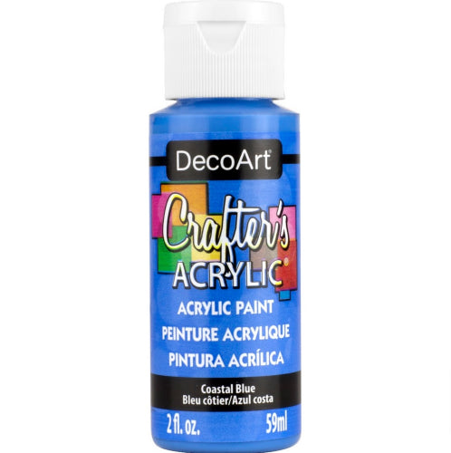 Bottle of DecoArt Crafter's Acrylic Paint in Coastal Blue, vibrant 2oz craft paint ideal for smooth application and full coverage.