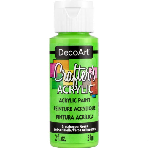 A 59ml bottle of DecoArt Crafter's Acrylic Paint in vibrant Grasshopper Green, ideal for crafting and artwork.