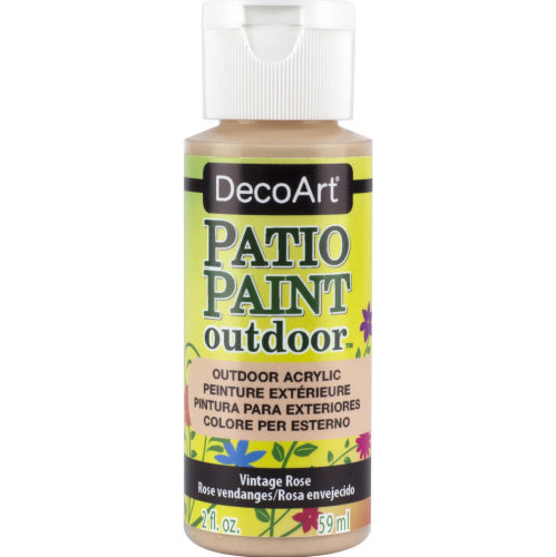 Bottle of Decoart Patio Acrylic Paint in Vintage Rose, perfect for durable outdoor projects with a satin finish.