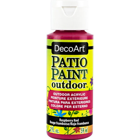 Bright Raspberry Red acrylic paint in a 59ml bottle, ideal for weather-resistant outdoor projects and decor.