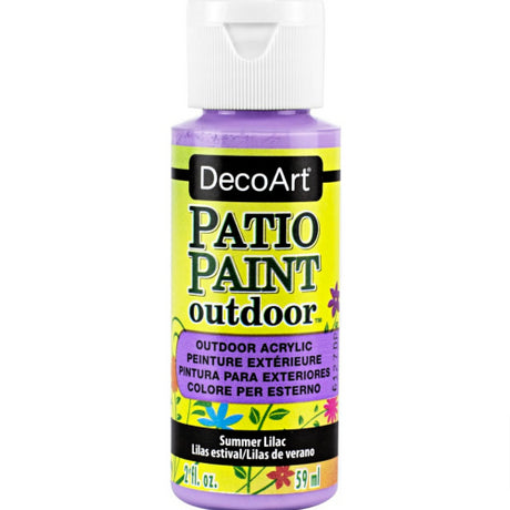 Summer Lilac Patio Acrylic Paint in a 59ml bottle, perfect for vibrant outdoor decor on various surfaces.