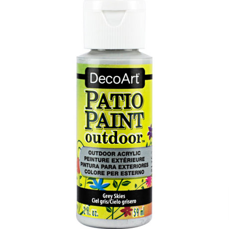 Decoart Patio Acrylic Paint in Grey Skies, ideal for enhancing outdoor surfaces with durable, vibrant color and scuff resistance.