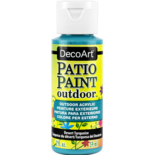 DecoArt Patio Acrylic Paint in Desert Turquoise, perfect for durable outdoor décor projects with vibrant satin finish.