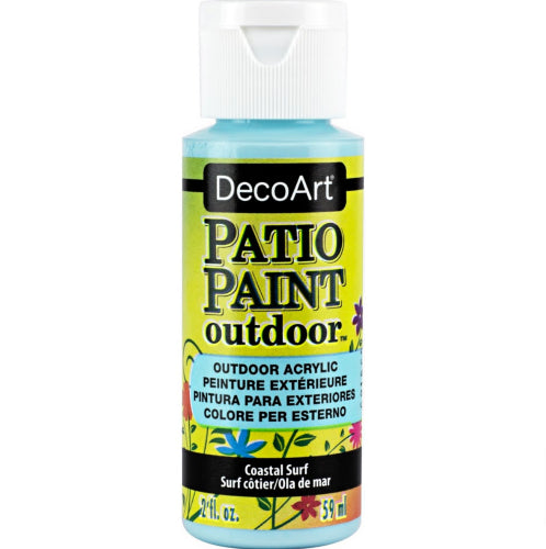 Vibrant Coastal Surf acrylic paint for outdoor decor, offering excellent adhesion, durability, and a satin finish for various surfaces.