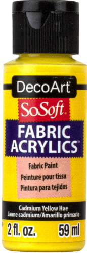 Decoart SoSoft Fabric Paint in vibrant CAD Yellow, perfect for soft, durable textile art on various fabric surfaces.