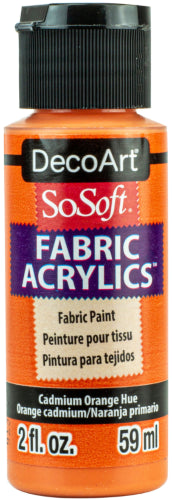 Decoart Sosoft Fabric Paints in vibrant CAD Orange, perfect for soft, durable, and machine-washable fabric designs.