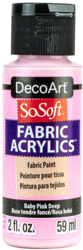 Decoart Sosoft Fabric Paint in Baby Pink, 59ml, offers vibrant color and flexibility for fabric projects, ideal for crafters.