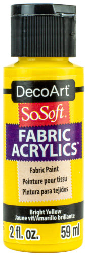 Bright yellow fabric paint in 59ml, perfect for vibrant textile art, wash-safe, flexible, and easy to apply.