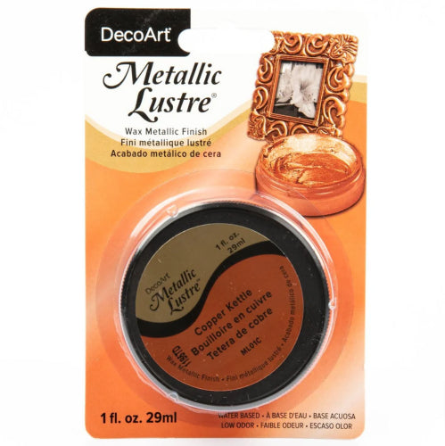 Decoart Metallic Lustre Wax in Copper Kettle, 59ml; water-based, rich, lustrous finish for crafting and DIY projects.