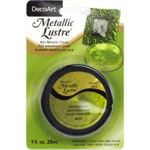 Decoart Metallic Lustre Waxes in Lavish Green, a water-based wax for creating a brilliant shine on various surfaces.