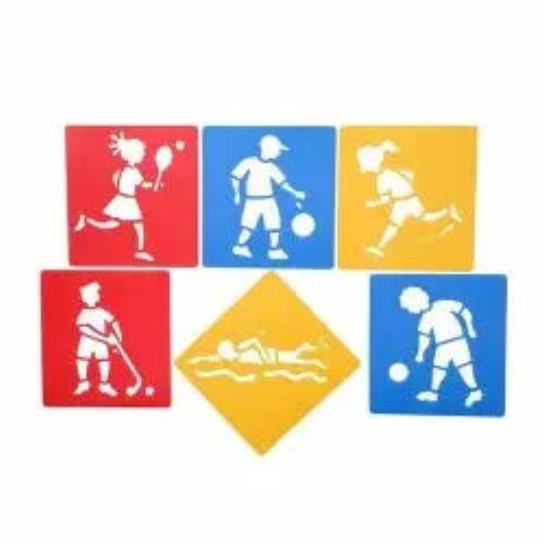 Brightly colored washable sports stencils for kids, featuring designs of various sports activities for creative play.