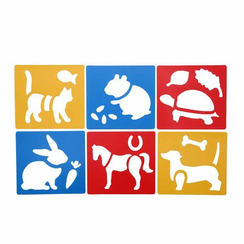 Set of 6 washable pet stencils for kids, perfect for drawing and painting with various art mediums.