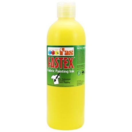 Bright yellow Fas Textile Ink in 500ml bottle, perfect for vibrant, non-toxic fabric art, easy application, and excellent coverage.