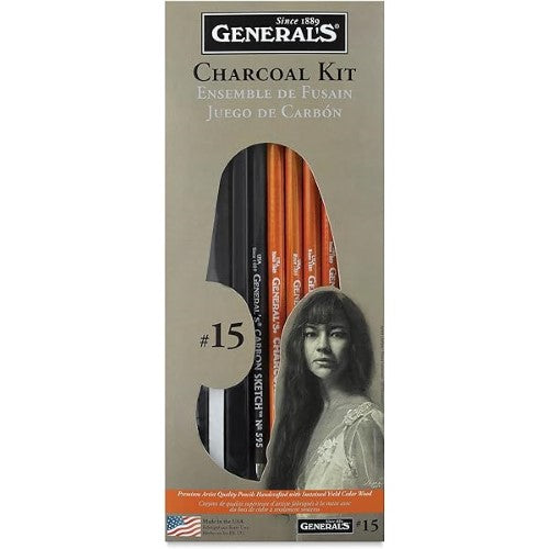 General's Original Charcoal Drawing Kit with 13 pieces for artists, including pencils, sticks, eraser, and sharpener.