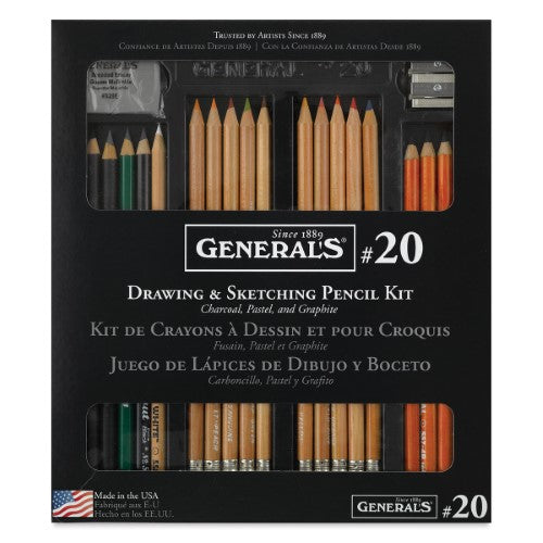 General's Classic Drawing Kit: 22-piece set with vibrant pastel, charcoal pencils, eraser, and sharpener for all skill levels.
