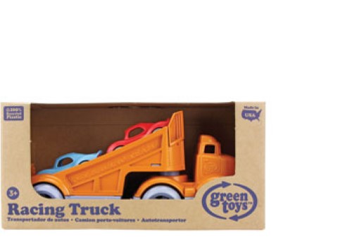 Bright orange Racing Truck set with 2 Stack & Link Racers, made from recycled plastic for safe, imaginative play.