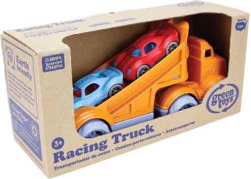 Colorful Green Toys Racing Truck with 2 Stack & Link Racers, made from recycled plastic for safe and imaginative play.