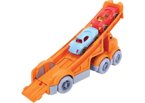 Bright orange Racing Truck with two textured Stack & Link Racers, made from recycled plastic for safe, imaginative play.