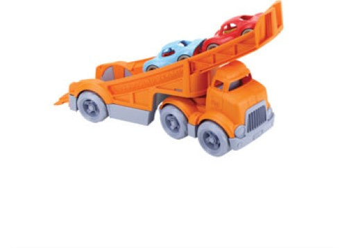 Vibrant orange Green Toys Racing Truck with 2 Stack & Link Racers, made from recycled plastic for safe, imaginative play.
