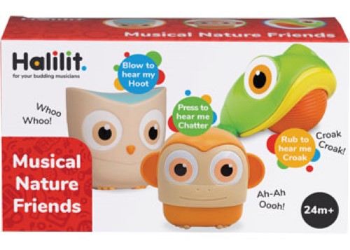 Colorful animal-themed musical instruments: Owl, Frog, and Monkey designed for toddlers' auditory development and creative play.