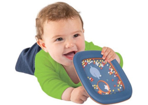 Colorful Halilit Tummy Time Shaking Drum, designed for sensory exploration with sound and vibrant beads to enhance baby’s development.
