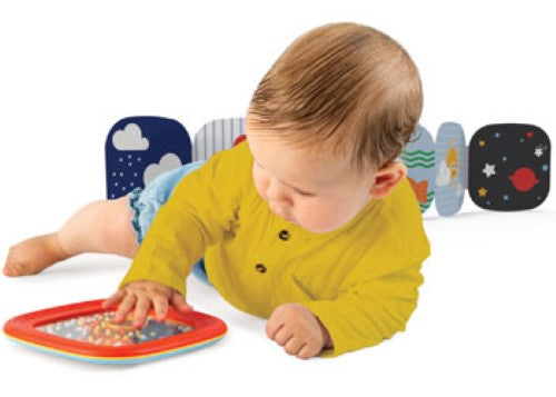 Vibrant Halilit Tummy Time Shaking Drum with beads, promoting sensory exploration and motor skill development for babies.
