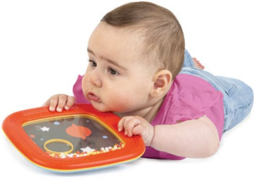 Halilit Tummy Time Shaking Drum features colorful beads, gentle sounds for sensory play, and a visual stimulation booklet for babies.