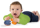 Colorful interlocking discs for infants, promoting tummy time, motor skills, and sensory exploration with gentle sounds.