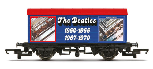 Hornby Trains Beatles wagon featuring vibrant artwork, celebrating the band's legacy from 1962 to 1970, perfect for collectors.