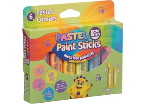 Child-friendly pastel paint sticks in a 6-pack, perfect for mess-free painting on various surfaces, ideal for ages 3+.