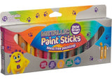 Metallic paint sticks in a 12-pack, ideal for mess-free art on various surfaces, designed for kids aged 3 and up.