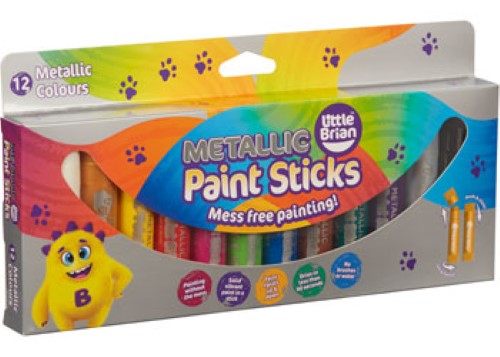 Metallic paint sticks in a 12-pack, ideal for mess-free art on various surfaces, designed for kids aged 3 and up.