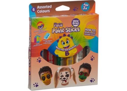 Colorful face paint sticks in classic colors, designed for mess-free fun and easy application by kids aged 3 and up.