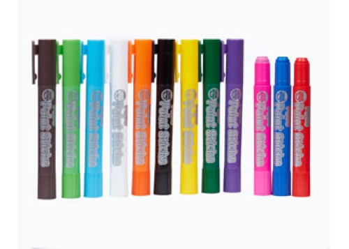 Colorful 12-pack face paint sticks for kids, easy twist-up application, mess-free fun, with included how-to design booklet.