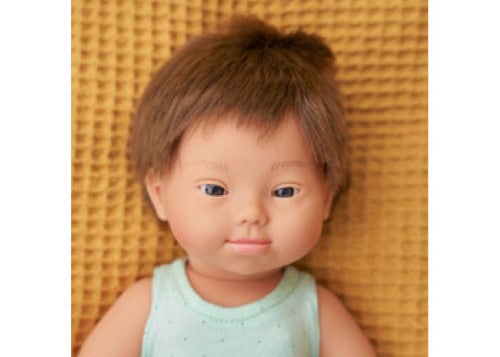 Caucasian boy doll with Down Syndrome, 38cm, promotes inclusivity, empathy, and imaginative play in children.