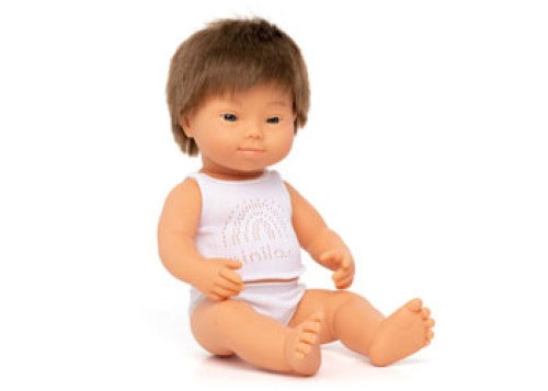 Miniland Baby Doll, a 38cm Caucasian boy with Down Syndrome, crafted for inclusive play to promote empathy and acceptance.