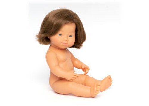 Caucasian girl baby doll with Down syndrome, 38cm, soft vinyl, articulated limbs, promotes empathy and inclusivity in play.