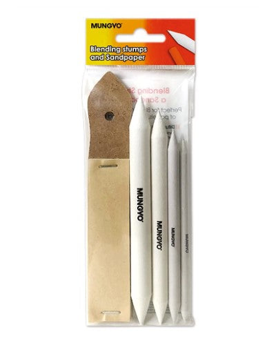 Mungyo Blending Stump & Sandpaper Set for seamless blending, featuring 4 stumps and 12 sandpaper sheets for artists.