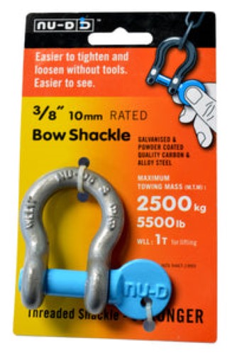 Galvanised Nu-D Bow Shackle, 10mm, 1000kg WLL, easy tool-free tightening, durable carbon steel, ideal for heavy lifting.
