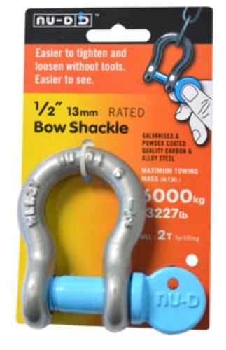 Nu-D Bow Shackle with galvanised finish, rated for 2000kg WLL, designed for easy tightening and heavy-duty towing.
