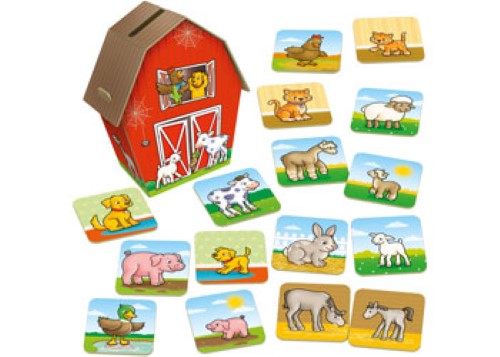 Child-friendly game featuring a 3D barn for matching farm animals with their babies, enhancing early learning skills.