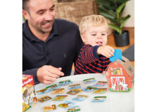 Colorful 3D barn game where children match farm animals with their babies, promoting early learning and fine motor skills.