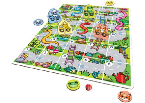 Colorful children's board game My First Snakes and Ladders, featuring a large board and chunky pieces for ages 3-6.