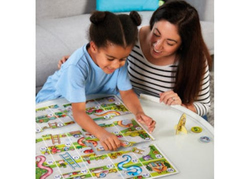 Colorful board game for young kids featuring a large board and chunky pieces, teaching counting and strategy through snakes and ladders.