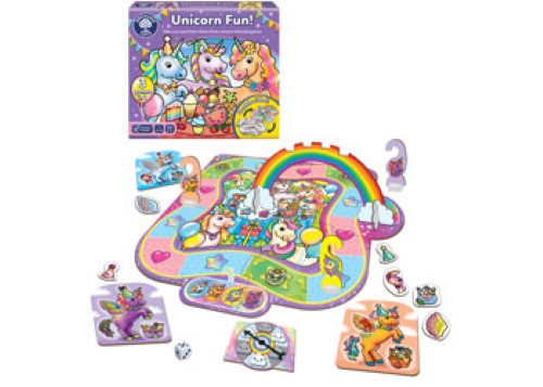 Colorful Orchard Game - Unicorn Fun set featuring three imaginative unicorn-themed games for kids aged 4 and up.