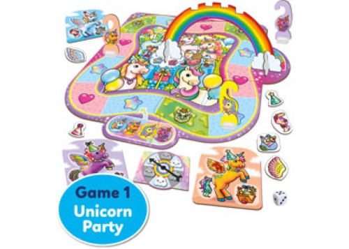 Colorful box of Orchard Game - Unicorn Fun featuring three unicorn-themed games for imaginative play and family fun.